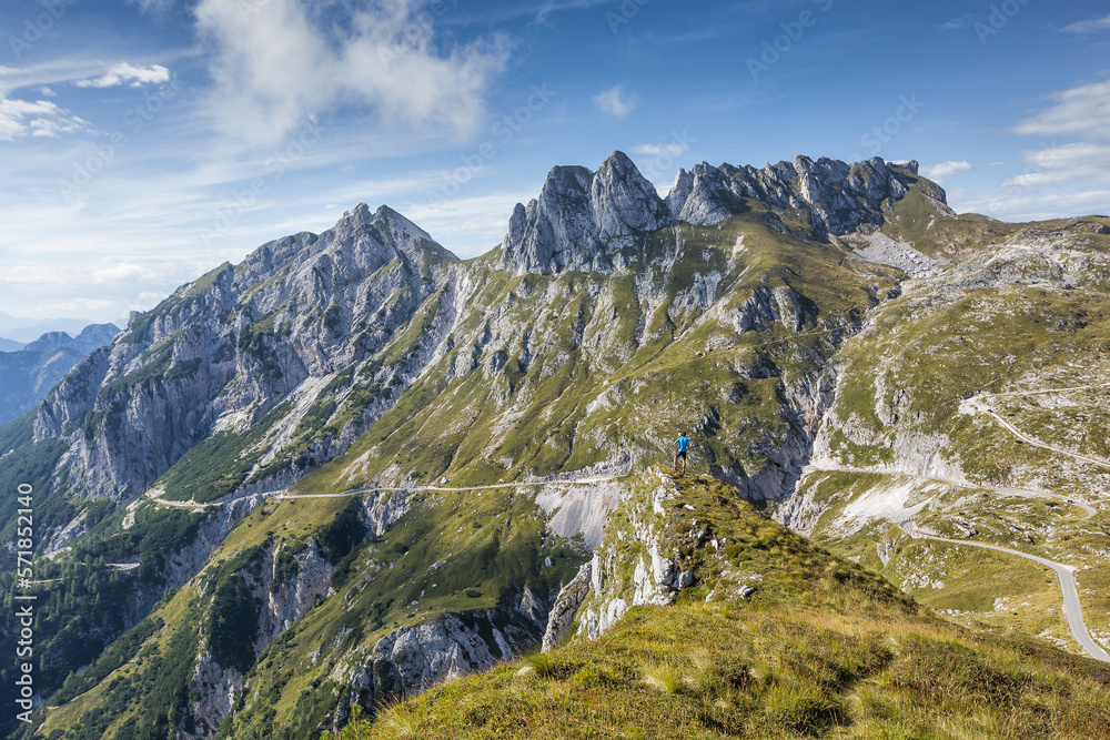 Hiking in the julian alps, panoramic view on the mountains