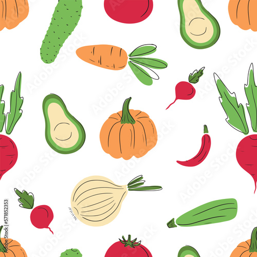 Seamless pattern with fresh vegetables pumpkin, carrot, avocado, beet, onion, courgette, radish, cucucmber, tomato on white background. Hand drawn vector flat cartoon illustration, cooking.
