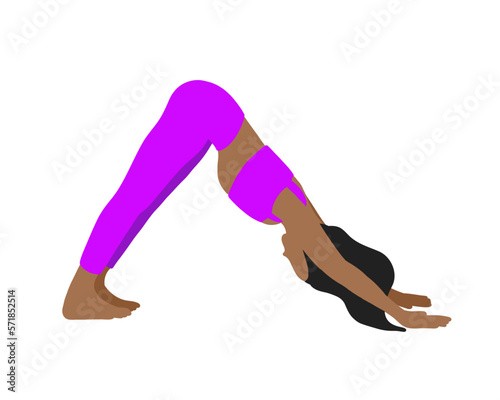 African American longhair woman. Yoga pose in cartoon flat style. Female woman girl. Vector illustration in cartoon flat style isolated on white background.
