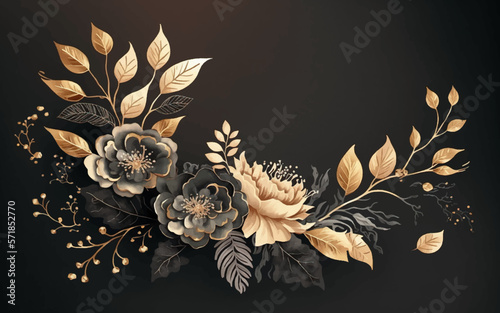 Abstract background watercolor gentle gold flower and gold splash and black background. gold and black watercolor flower art.	