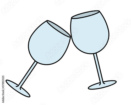 Toast. Two wine glasses collide with each other. The sound of crystal glasses. Color vector illustration. Cartoon style. Isolated background. Fragile blue utensils. Idea for web design, postcard