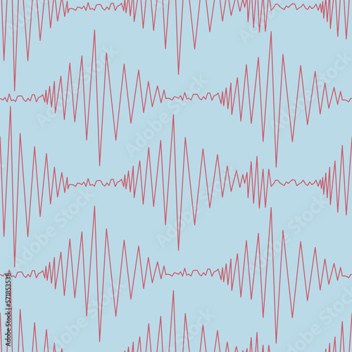 Seismogram. Recording earthquake shock activity. seismograph data. Seamless vector pattern. Outline on isolated blue background. Endless zigzag line. Sound wave.