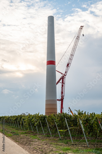 Construction site of a wind turbine with vine plants in front, crane next to the tower of the wind turbine