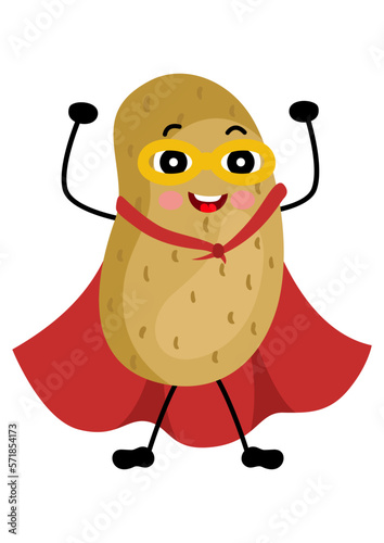 Cute potato mascot  in traditional costume of superhero