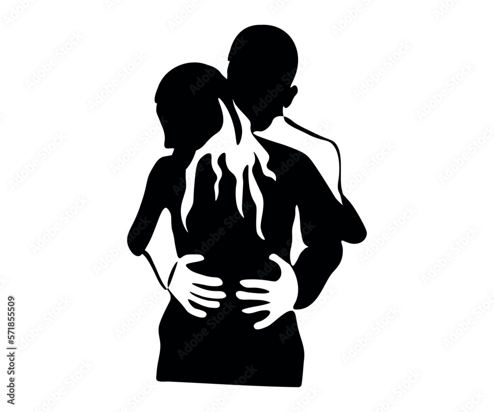 a couple of lovers, a woman and a man, love for each other, hug each other, missed,black and white logo