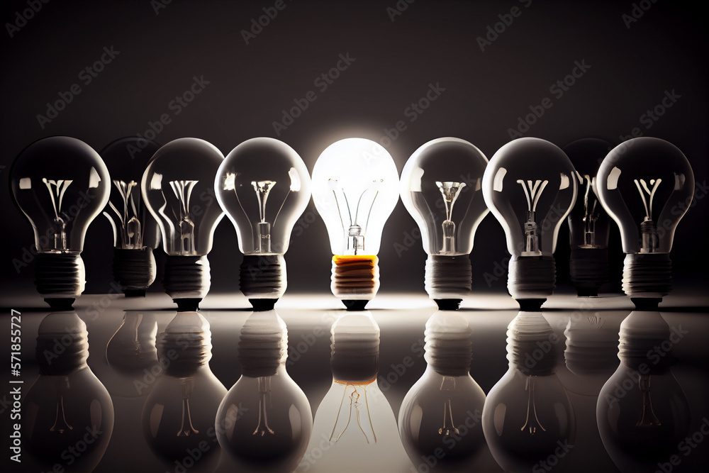 Glowing light bulb in a row of extinct. AI generated