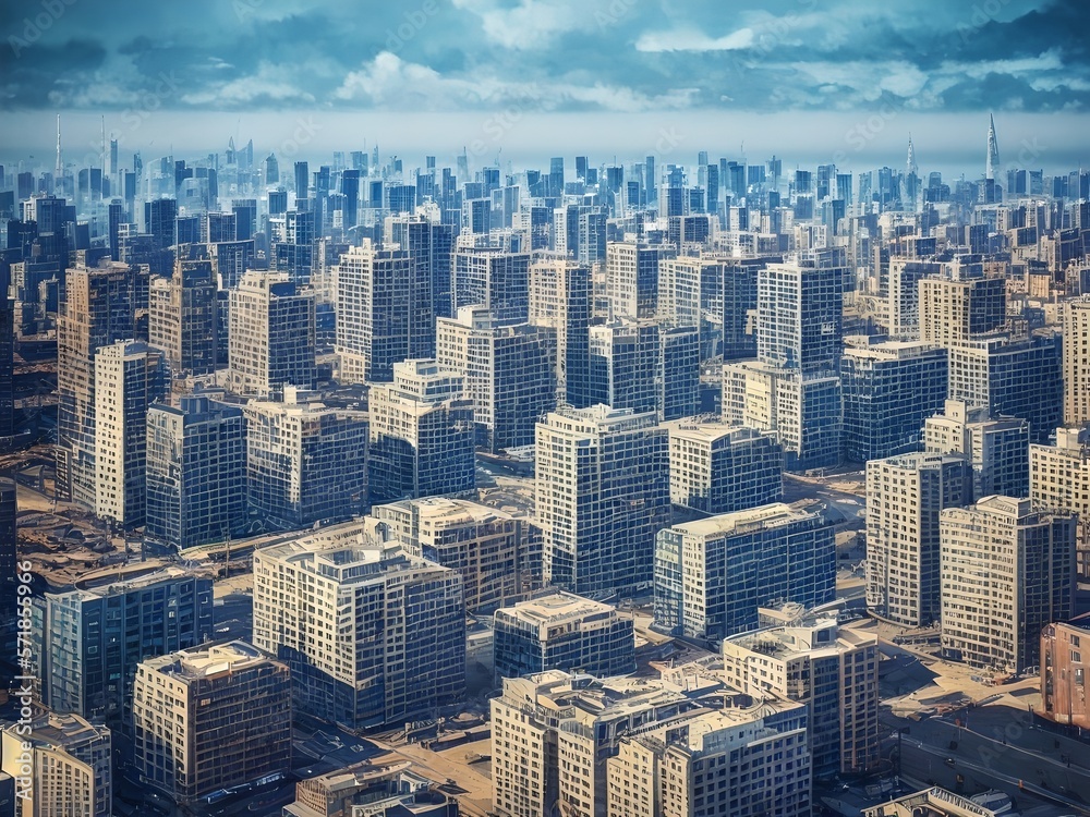 View of the city with skyscrapers in painted style, Generative AI