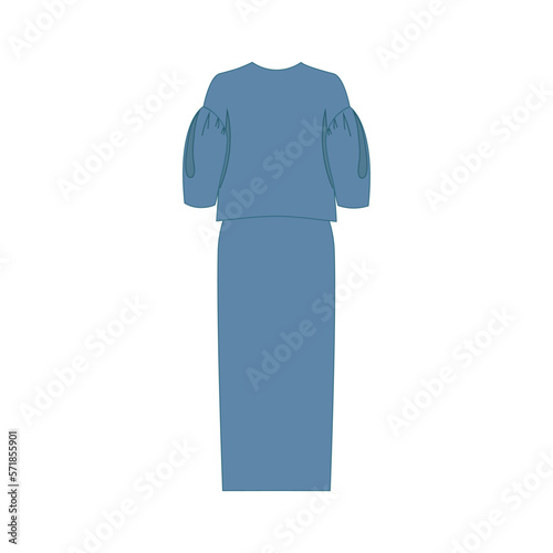 Women's suit dusty-lilac, blue. Classic, long, straight pencil skirt and top, loose fit hip-length blouse with puffed lantern sleeves. Isolated on white, transparent background. Vector image.