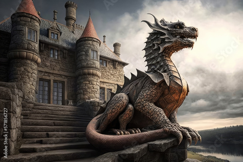 a dragon sits in front of an old castle. fancy. Generative AI © jr-art