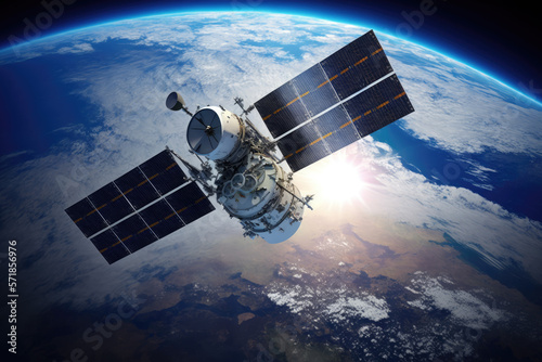 a satellite orbits the earth in space. Generative AI photo