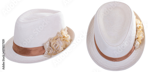 Beige Sun hat fedora isolated on transparent background. Two projections: top view and side view