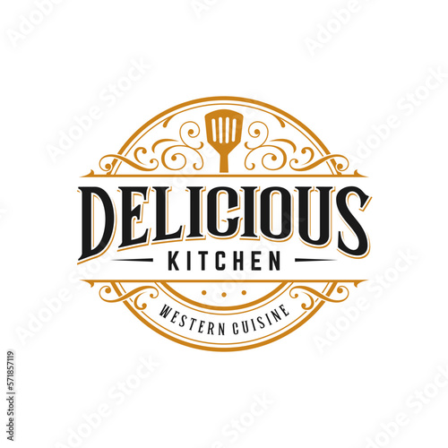Fotografiet Kitchen restaurant cooking vintage logo with antique decorative ornamental frame