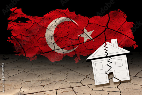 .National flag of Turkey.3D Render. Earthquake or drought concept.