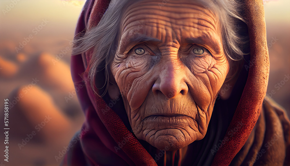 Old Native American Lady on a desert, Generative AI Old Native American Lady on a desert, Generative AI