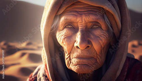 Old Native American Lady on a desert, Generative AI