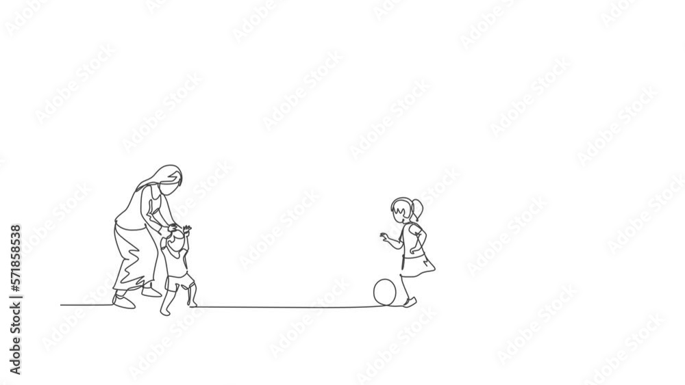Animation of one line drawing of father playing soccer with daughter while mother teaching son to walk at field. Happy family parenting concept. Continuous line self draw animated. Full length motion. Animation of one line drawing of father playing soccer with daughter while mother teaching son to walk at field. Happy family parenting concept. Continuous line self draw animated. Full length motion.