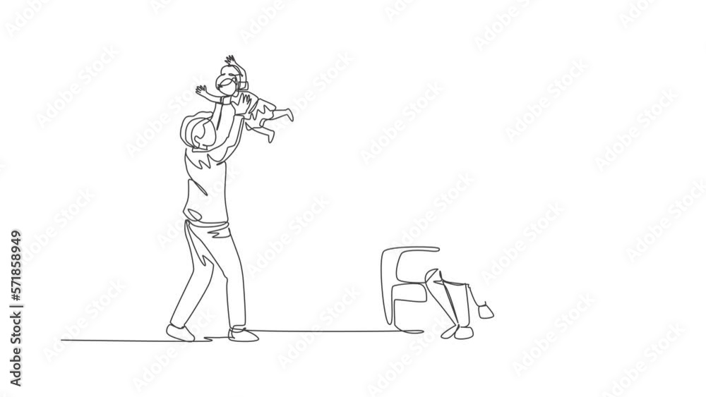 Animated self drawing of continuous line draw mother sitting on sofa and reading book to son while father play with daughter at home. Happy family parenting concept. Full length one line animation. Animated self drawing of continuous line draw mother sitting on sofa and reading book to son while father play with daughter at home. Happy family parenting concept. Full length one line animation.