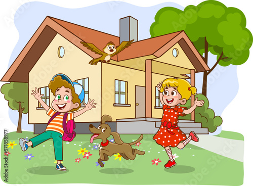 children playing in the garden of the house cartoon vector