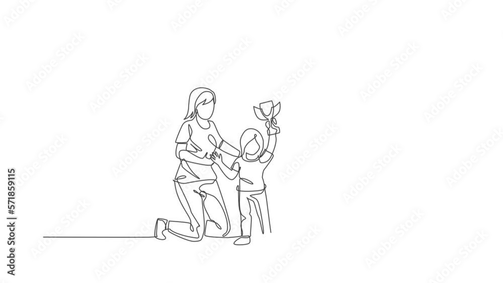 Animated self drawing of single continuous line draw little girl celebrate trophy victory with her parent after winning competition. Happy family parenting concept. Full length one line animation. Animated self drawing of single continuous line draw little girl celebrate trophy victory with her parent after winning competition. Happy family parenting concept. Full length one line animation.