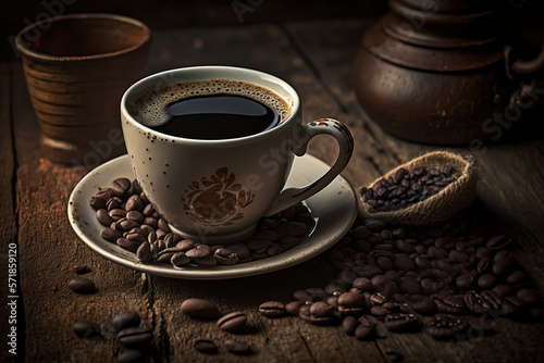 Beautiful hot coffee cup and coffee beans on wood background created with a generative ai technology