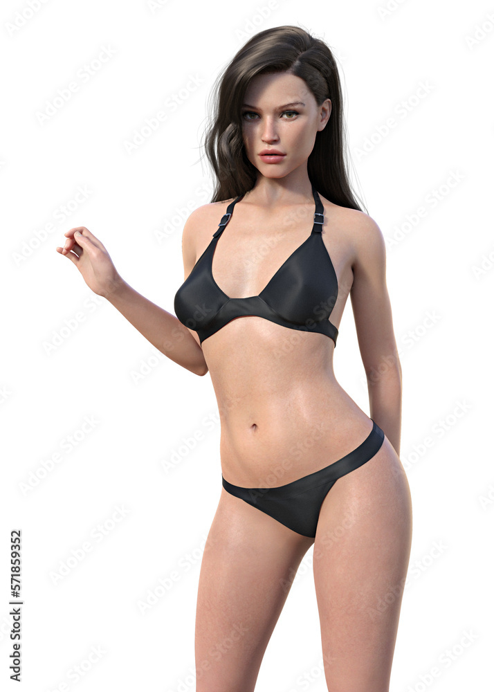 Studio portrait of a gorgeous young woman posing in bikini against a transparent background. 3d illustration Studio portrait of a gorgeous young woman posing in bikini against a transparent background. 3d illustration