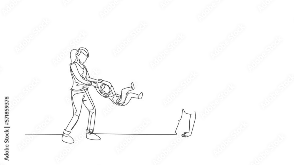 Animated self drawing of single continuous line draw young mom and dad playing with their son and daughter at home. Happy family parenting concept. Full length one line animation illustration.