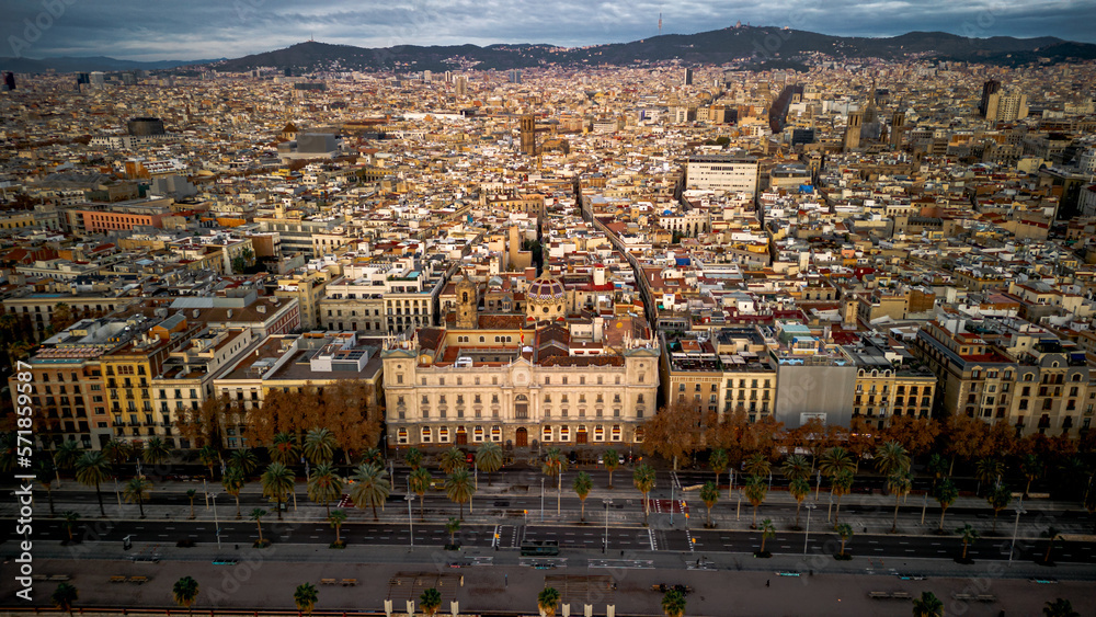 Aerial view of the Gothic Quarter in Barcelona Spain
