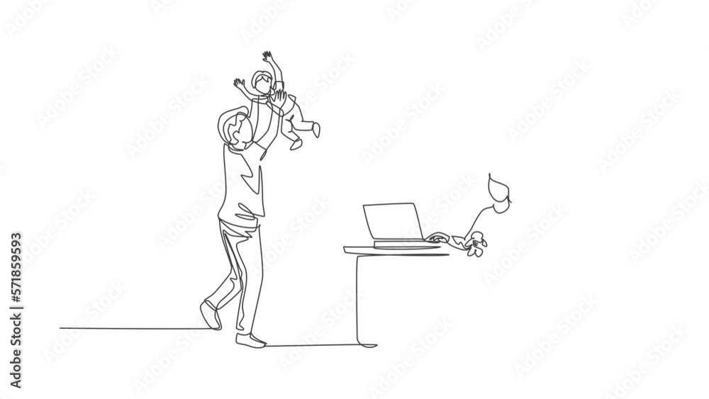 Animated self drawing of single continuous line draw young mom work typing on laptop and dad playing with son at home. Happy family parenting concept. Full length one line animation illustration.