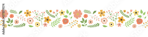 Photographie Cartoon spring flowers, leaves, and berries seamless border pattern