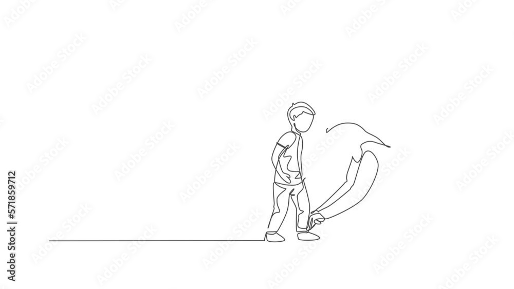Animated self drawing of continuous line draw Arabian dad help his son to tie shoelaces before go to school. Happy Islamic muslim loving parenting family concept. Full length single line animation. Animated self drawing of continuous line draw Arabian dad help his son to tie shoelaces before go to school. Happy Islamic muslim loving parenting family concept. Full length single line animation.