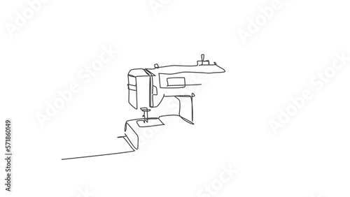 Animated self drawing of one continuous line draw sewing machine electric home appliance. Electricity tailor equipment household gadget template concept. Full length single line animation illustration photo