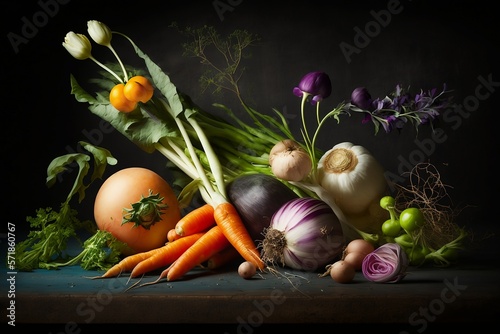 Still life vegetables and flowers
