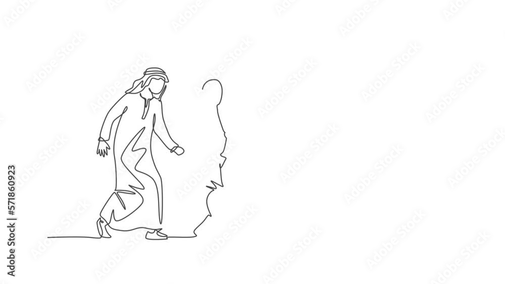 Animation of one line drawing of Islamic father accompany his son who hold balloon to play at amusement park. Muslim family parenting concept. Continuous line self draw animated. Full length motion. Animation of one line drawing of Islamic father accompany his son who hold balloon to play at amusement park. Muslim family parenting concept. Continuous line self draw animated. Full length motion.