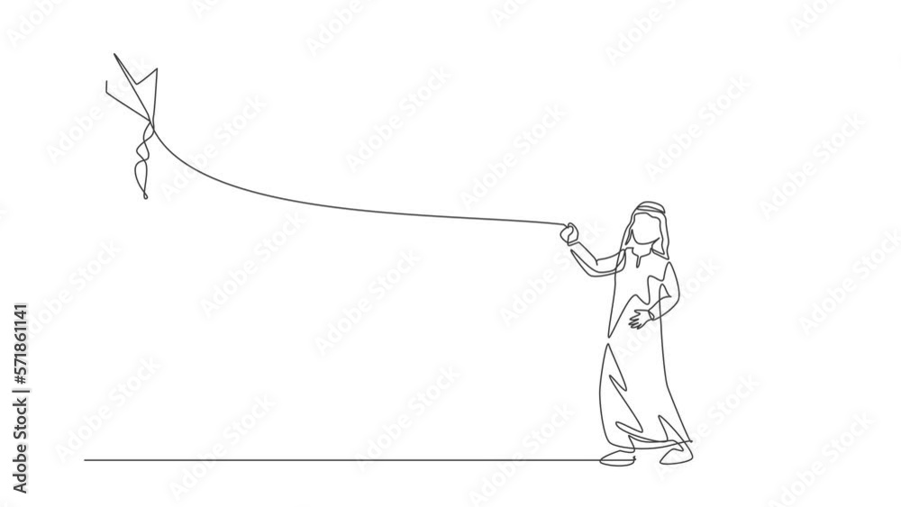 Animated self drawing of continuous line draw young Arabian father and his son playing kite together at public park. Happy Islamic muslim parenting family concept. Full length single line animation.
