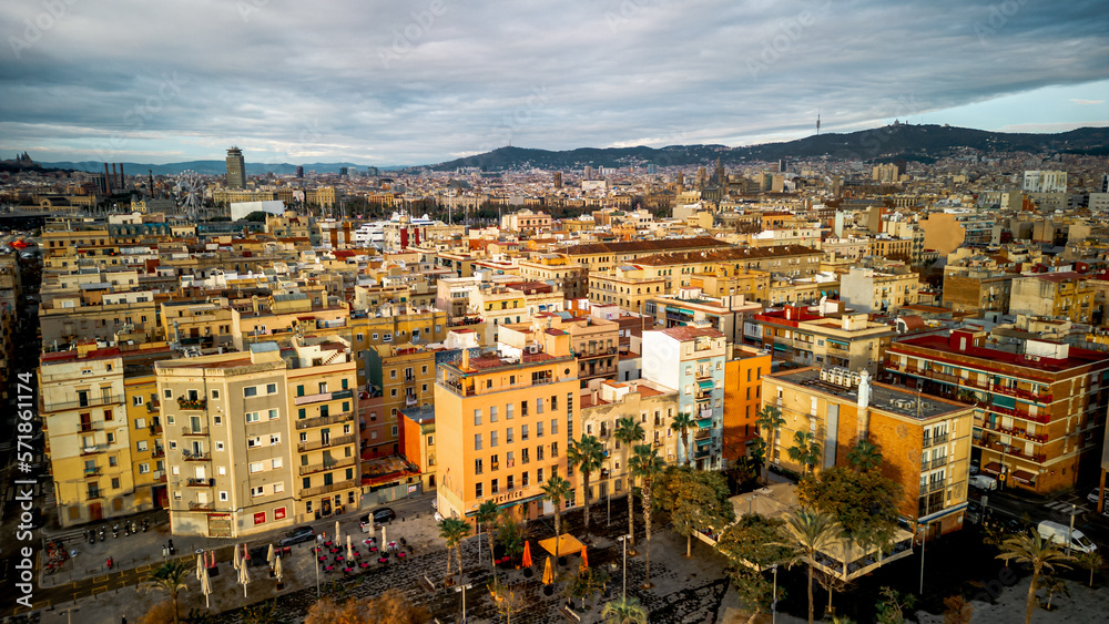 Aerial view of Barceloneta district in Barcelona Spain