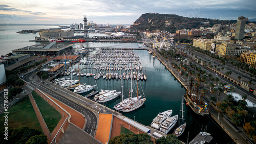 Photography Aerial View Barcelona Harbor  Port Vell in the early morning