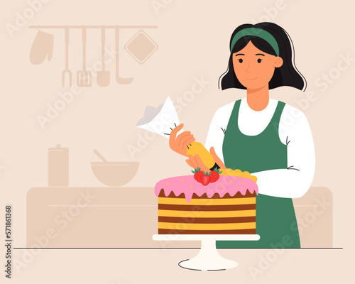 Girl decorates a cake in the kitchen. The confectioner wants to bake a cake. Hobby. Vector illustration