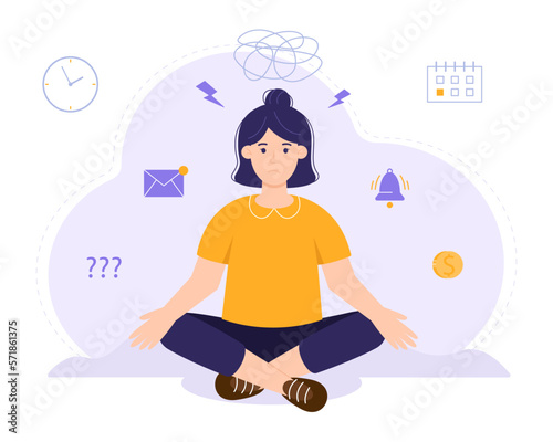 Woman suffers from obsessive thoughts, headache, unresolved issues, psychological trauma, depression. Mental health concept. Mood disorder. Vector illustration