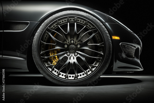 Ground level close-up image of a black sportscar front wheel with light alloy rim. Generative AI