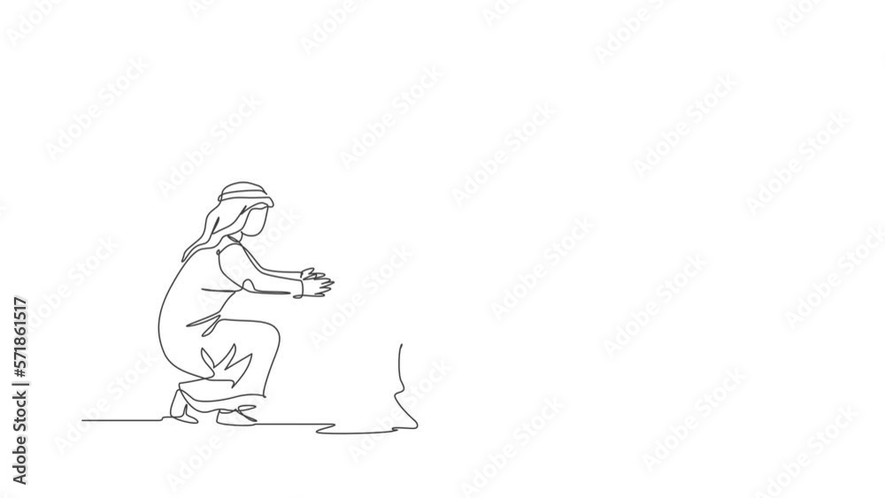 Animated self drawing of one continuous line draw young Arabian boy holding his father's hand to learn how to walk. Happy Islamic muslim parenting family concept. Full length single line animation.