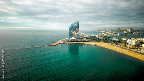 Aerial view of Barcelona Beach with the W hotels at the end of the bay