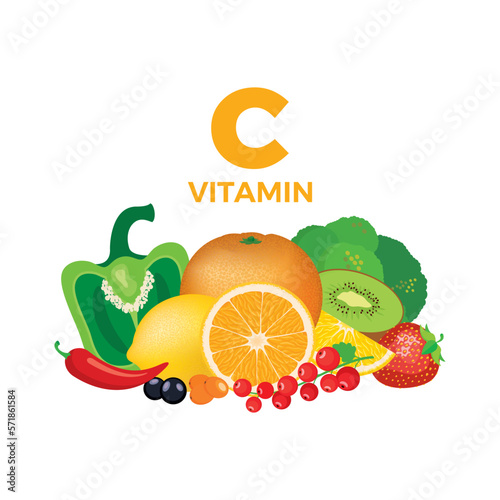 Vitamin C in food icon vector. Vitamin C food sources vector illustration isolated on a white background. Pile of healthy fresh fruits and vegetables drawing