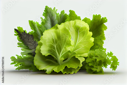 Green lettuce salad with fresh vegetables isolated on white background, generative ai