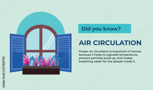 Air circulation descriptive poster or banner template print with window vector illustration isolated on landscape template. Social media or poster post with text guide placement.