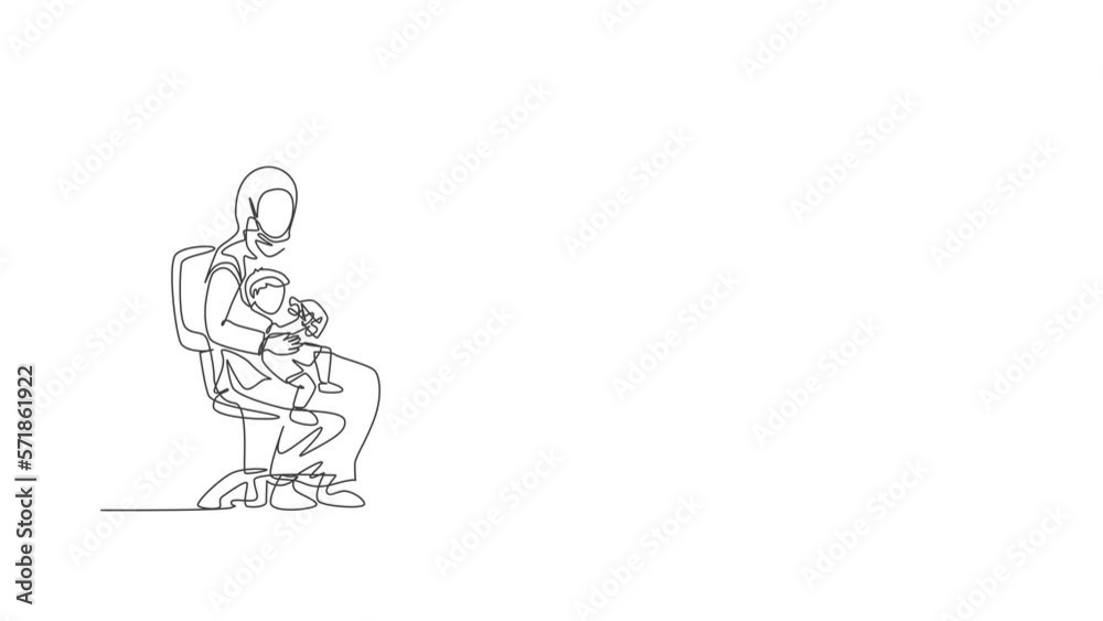 Animated self drawing of continuous line draw young Islamic mother typing on laptop work from home while hugging her son. Arabian muslim happy family motherhood concept. Full length one line animation Animated self drawing of continuous line draw young Islamic mother typing on laptop work from home while hugging her son. Arabian muslim happy family motherhood concept. Full length one line animation