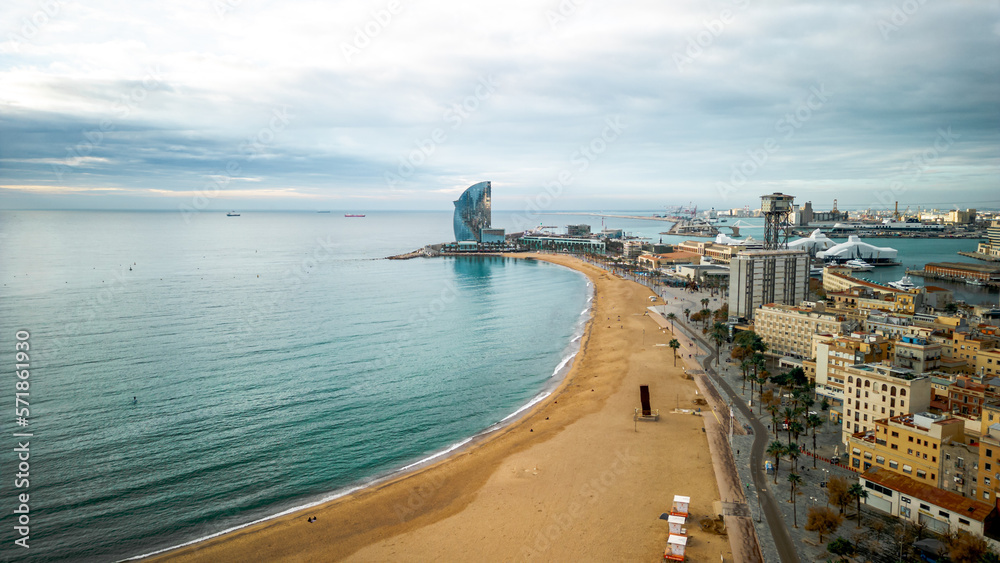 Aerial view of Barceloneta district and Beach front in Barcelona. View with the W hotel in the back