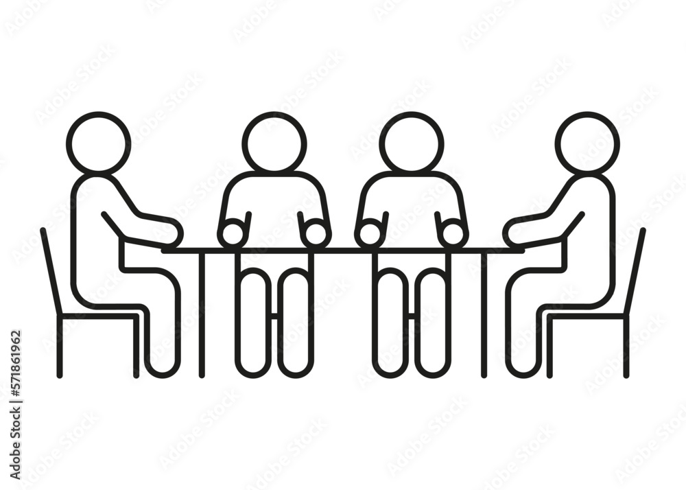 Group people seat at table, conversation, discussion, meeting icon line. Man communication on work in team, equality partnership. Vector illustration Group people seat at table, conversation, discussion, meeting icon line. Man communication on work in team, equality partnership. Vector illustration