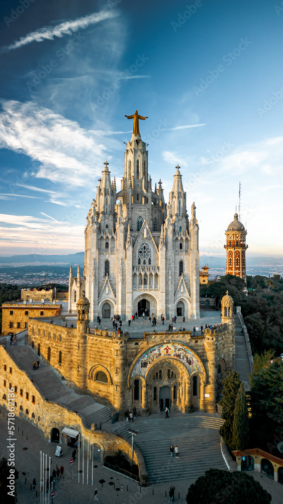 Aerial view of Temple of the Sacred Heart of Jesus in Barcelona Tibidado Spain.
