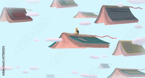 Book of Imagination and a boy. Fantasy art. Concept idea of education, kid, child dream, inspiration, creative, adventure and lerning. Conceptual 3d illustration. Surreal painting.  photo