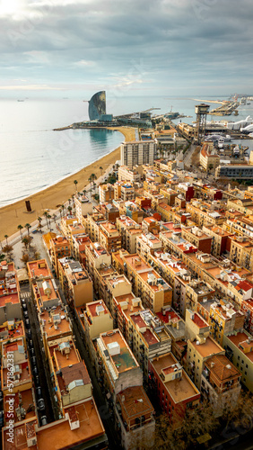 Photography Aerial view of Barceloneta district and Beach front in Barcelona